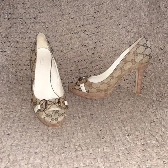 Vintage GUCCI-Horsebit Platform GG Monogram-Beige-Stacked Heels-Sz 9-Excellent - Picture 1 of 9